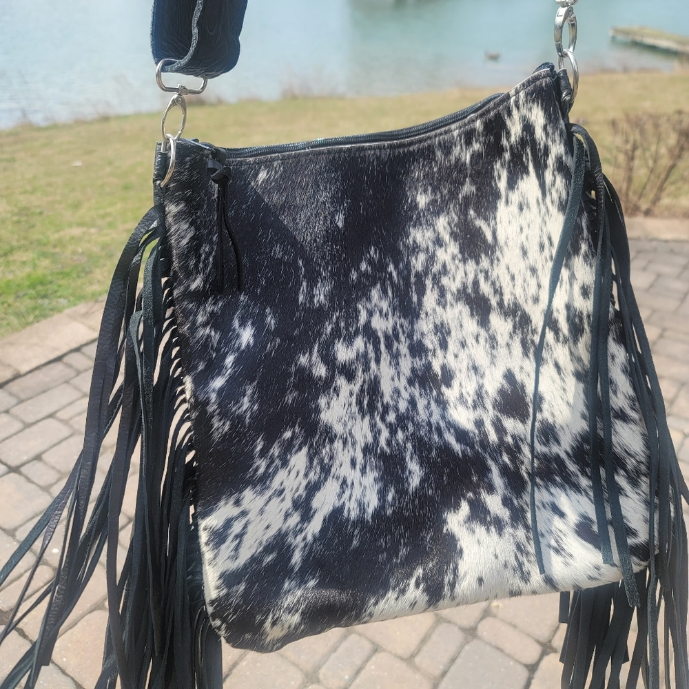Calf Hair On Hide Hsndcrafted Leather XL Fringe Bag Embossed Aztec Western Vibes